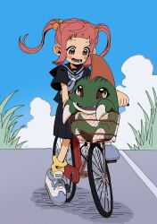 Rule 34 | 1girl, 1other, betamon, bicycle, digimon, digimon (creature), highres, looking at another, shadow