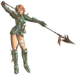 Rule 34 | 1girl, aelia, armor, bandages, boobplate, boots, breastplate, breasts, full body, gauntlets, green eyes, knee boots, lance, leotard, looking at viewer, official art, orange hair, over shoulder, polearm, scabbard, sheath, short hair, simple background, skirt, solo, sword, unsheathed, valkyrie profile (series), weapon, white background, yoshinari kou, yoshinari you