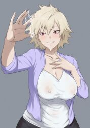 Rule 34 | 1girl, absurdres, bakugou mitsuki, blonde hair, blush, boku no hero academia, breasts, cameltoe, camisole, cleavage, covered erect nipples, cum, hand up, highres, large breasts, looking at viewer, mature female, naughty face, navel, non-web source, parted lips, pencil skirt, red eyes, short hair, skirt, smile, solo, spiked hair, spread legs, thighs, underwear