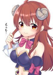Rule 34 | 1girl, absurdres, ahoge, ao (flowerclasse), bare shoulders, black sleeves, blush, bow, breasts, brown eyes, brown hair, cleavage, closed mouth, commentary request, curled horns, demon horns, detached sleeves, hair between eyes, highres, holding, holding own hair, horns, juliet sleeves, long hair, long sleeves, machikado mazoku, medium breasts, navel, pink bow, puffy sleeves, simple background, solo, sweat, translation request, upper body, wavy hair, white background, wide sleeves, yoshida yuuko (machikado mazoku)