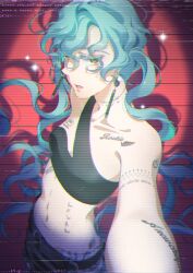 Rule 34 | 1girl, absurdres, aqua hair, arm tattoo, bare shoulders, belt, breasts, colored eyelashes, earrings, green eyes, hair between eyes, hatsune miku, highres, jewelry, long hair, looking at viewer, midriff, navel, neck tattoo, no.734, parted lips, rookie (vocaloid), small breasts, solo, tattoo, twintails, upper body, very long hair, vocaloid