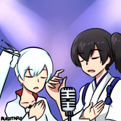 Rule 34 | 10s, 2girls, brown hair, closed eyes, crossover, gradient background, kaga (kancolle), kantai collection, microphone stand, multiple girls, music, open mouth, rukotaro, rwby, side ponytail, singing, weiss schnee, white hair