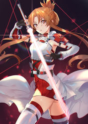 Rule 34 | 1girl, alternate costume, armor, ass, asuna (sao), belt, black gloves, blush, breastplate, breasts, brown eyes, brown hair, commentary request, cowboy shot, fingerless gloves, floating hair, gloves, highres, holding, holding sword, holding weapon, ldfe mk2, long hair, looking at viewer, medium breasts, parted bangs, pink eyes, red thighhighs, solo, sword, sword art online, thighhighs, very long hair, weapon, white thighhighs