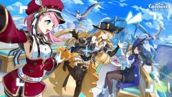 3girls :d aqua_eyes belt bird black_hat black_pantyhose black_thighhighs blonde_hair blue_cape blue_sky cabbie_hat cape charlotte_(genshin_impact) clorinde_(genshin_impact) cloud day detached_sleeves genshin_impact grin hand_up hat high-waist_skirt highres long_sleeves multiple_girls navia_(genshin_impact) official_art one_eye_closed open_mouth outdoors pantyhose pink_hair red_hat red_skirt shirt short_hair skirt sky sleeveless sleeveless_shirt smile suspender_skirt suspenders thigh_strap thighhighs tricorne white_belt white_shirt