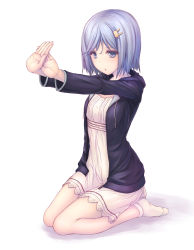 Rule 34 | 1girl, alternative girls, blue eyes, blue hair, blush, dress, full body, hair ornament, highres, hood, hood down, hoodie, long sleeves, open clothes, open hoodie, orimiya yui, outstretched arms, parted lips, rabbit hair ornament, seiza, short hair, sitting, socks, solo, tenmaso, triangle mouth, white dress, white socks