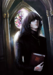 Rule 34 | 1boy, bible (object), brown hair, church, command spell, cross, cross necklace, fate/zero, fate (series), highres, jewelry, kotomine kirei, m fin, male focus, necklace, realistic, solo, stained glass, veil