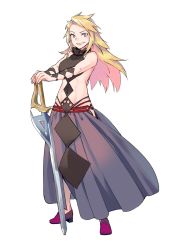 Rule 34 | 1girl, ashuna grisarika, bare arms, bare shoulders, blonde hair, blue eyes, clothing cutout, cutout below navel, full body, highres, long hair, long skirt, mitsuya ryo, official art, planted, planted sword, planted weapon, red footwear, shokei shoujo no virgin road, skirt, solo, standing, stomach cutout, sword, weapon, white background