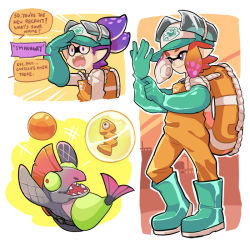 Rule 34 | 1boy, 1girl, baseball cap, boots, chum (splatoon), closed mouth, coveralls, fangs, gloves, gomipomi, green gloves, green hat, hat, inkling, inkling boy, inkling girl, inkling player character, lifebuoy, long sleeves, nintendo, open mouth, orange hair, overalls, pointy ears, print headwear, purple eyes, purple hair, rubber boots, rubber gloves, salmon run (splatoon), salmonid, shirt, short hair, smile, splatoon (series), splatoon 2, swim ring, tentacle hair, topknot, white shirt