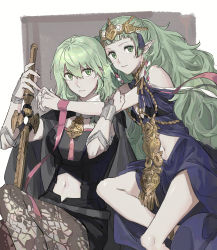 Rule 34 | 2girls, absurdres, bare shoulders, blunt bangs, braid, breasts, brown pantyhose, byleth (female) (fire emblem), byleth (fire emblem), commentary request, fire emblem, fire emblem: three houses, green eyes, green hair, hair between eyes, highres, hug, long hair, looking at viewer, medium breasts, multiple girls, nanao parakeet, navel, nintendo, pantyhose, pantyhose under shorts, pointy ears, print pantyhose, shorts, sothis (fire emblem), sword, twin braids, weapon