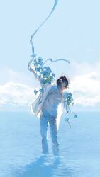 Rule 34 | 1boy, black hair, blue flower, blue pants, blue ribbon, blue sky, blue theme, cloud, collared jacket, flower, full body, highres, horizon, in water, jacket, male focus, ocean, original, pants, ribbon, rido (ridograph), second-party source, shirt, sky, solo, white jacket, white shirt