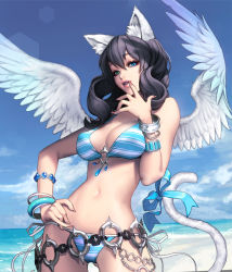 Rule 34 | 1girl, akasha (chaos online), animal ears, bangle, beach, bikini, blue eyes, bracelet, breasts, card (medium), cat ears, cat tail, chaos online, cloud, contrapposto, cowboy shot, day, fingernails, green eyes, hand on own hip, heterochromia, jewelry, lens flare, long fingernails, long hair, looking at viewer, love cacao, navel, o-ring, o-ring top, official art, outdoors, parted lips, purple hair, sky, solo, standing, swimsuit, tail, water, wings