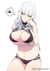 Rule 34 | 1girl, bikini, black bikini, blue nails, bracelet, breast hold, breasts, cameltoe, cameo, carmilla (fate), cowboy shot, curly hair, fate/grand order, fate (series), hand on own cheek, hand on own face, highres, jewelry, large breasts, looking to the side, medium hair, nail polish, navel, puuzaki puuna, simple background, solo, speech bubble, standing, swimsuit, twitter username, white background, white hair, yellow eyes