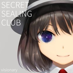 Rule 34 | 1girl, black hair, brown hair, english text, grey background, hair between eyes, hat, looking at viewer, portrait, short hair, smile, solo, space, suna (s73d), touhou, usami renko