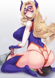 Rule 34 | 1boy, 1girl, adapted costume, ass, bar censor, blonde hair, blush, bodysuit, boku no hero academia, breasts, butt crack, censored, chickenandtiger, cum, domino mask, fake horns, handjob, hetero, highres, horns, huge ass, huge breasts, long hair, looking at another, looking down, mask, mount lady, penis, pink eyes, sitting, sitting on face, sitting on person, smile, sweat, thick thighs, thighhighs, thighs