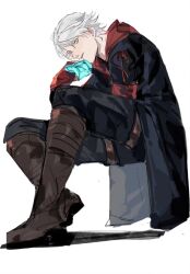 Rule 34 | 1boy, bishounen, black gloves, blue eyes, coat, devil bringer, devil may cry (series), gloves, highres, holding, hood, looking at viewer, male focus, mechanical arms, nero (devil may cry), senbeikunxxx, simple background, single mechanical arm, solo, white background, white hair