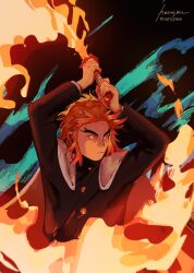 Rule 34 | 1boy, arms up, cape, closed mouth, flaming sword, flaming weapon, highres, holding, holding sword, holding weapon, kimetsu no yaiba, long hair, long sleeves, looking to the side, male focus, naruysae, orange eyes, orange hair, rengoku kyoujurou, short hair, signature, solo, sword, weapon, white cape