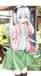 Rule 34 | 1girl, alternate costume, bag, black hairband, black ribbon, black thighhighs, blue eyes, blue shirt, blurry, blurry background, blush, breasts, bush, buttons, cafe, closed mouth, collarbone, collared jacket, commentary request, drawing (object), english text, eyes visible through hair, ghost, grass, green skirt, hair between eyes, hairband, hand up, highres, hitodama, jacket, konpaku youmu, konpaku youmu (ghost), leaf, light, looking to the side, medium breasts, open clothes, open jacket, outdoors, pink bag, pink jacket, ribbon, sabana, shadow, shirt, short hair, short sleeves, silver hair, skirt, solo, standing, sunlight, t-shirt, table, thighhighs, touhou, vase, wall