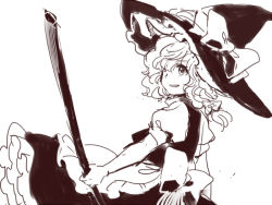 Rule 34 | 1girl, apron, bow, braid, broom, dress, female focus, greyscale, hair bow, hair over one eye, hat, kirisame marisa, meeko, monochrome, short sleeves, sketch, smile, solo, touhou, white background, witch, witch hat