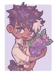 Rule 34 | 1boy, :p, beard, bouquet, bright pupils, chibi, cowboy shot, dark-skinned male, dark skin, eyebrow cut, facial hair, flower, holding, holding bouquet, hs 640, lilac (live a hero), live a hero, looking at viewer, male focus, mature male, multicolored hair, purple hair, scissors, shirt, short hair, sideburns, smile, solo, streaked hair, stubble, thick eyebrows, tongue, tongue out, white hair, white shirt