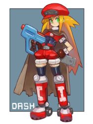 Rule 34 | 1girl, blonde hair, breasts, cabbie hat, capcom, cape, cropped jacket, dakusuta, full body, gloves, green eyes, hair between eyes, hand on own hip, hat, highres, holding, holding weapon, long hair, mega man (series), mega man legends (series), red shorts, roll caskett (mega man), shorts, simple background, smile, solo, torn cape, torn clothes, weapon