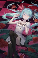 Rule 34 | 1girl, black bow, black thighhighs, blue eyes, blue hair, bow, bracelet, checkered floor, closed mouth, commentary, feather hair ornament, feathers, flower, hair bow, hair ornament, hatsune miku, highres, jewelry, long hair, looking at viewer, lying, miniskirt, murumuru (pixiv51689952), neck ribbon, on back, petals, pleated skirt, red feathers, red flower, ribbon, rose, shirt, short sleeves, skirt, smile, solo, swept bangs, thighhighs, twintails, very long hair, vocaloid, white shirt, white skirt, world is mine (vocaloid), zettai ryouiki