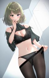 Rule 34 | 1girl, absurdres, bare shoulders, black bra, black panties, black pantyhose, black shirt, blue eyes, blush, bra, breasts, cleavage, closed mouth, clothes lift, clothes pull, cowboy shot, day, fringe trim, gluteal fold, green eyes, green hair, heterochromia, highres, idolmaster, idolmaster cinderella girls, indoors, lace, lace-trimmed bra, lace trim, lifted by self, looking down, medium breasts, namidako, navel, off-shoulder shirt, off shoulder, panties, pantyhose, pantyhose pull, shirt, shirt lift, short hair, smile, solo, stomach, sunlight, takagaki kaede, underwear, undressing, window