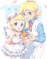 Rule 34 | 1boy, 1girl, :d, alternate costume, blonde hair, blue eyes, blue shirt, blush, bonnie (pokemon), bow, brother and sister, buttons, choker, clemont (pokemon), collarbone, collared shirt, commentary request, creatures (company), dedenne, dress, eyelashes, flag, game freak, gen 6 pokemon, glasses, gloves, hair bow, hand grab, hat, highres, holding, holding flag, looking at viewer, mini hat, nintendo, open mouth, pants, pokemon, pokemon (anime), pokemon (creature), pokemon on arm, pokemon xy (anime), porocha, shirt, siblings, smile, thighhighs, tongue, vest, white dress, white gloves, white headwear, white pants, white thighhighs, white vest