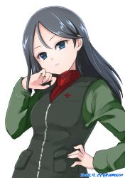 Rule 34 | 1girl, black hair, black vest, blue eyes, closed mouth, commentary, dated, emblem, frown, girls und panzer, green jacket, hand in own hair, hand on own hip, head tilt, jacket, long hair, long sleeves, looking at viewer, military, military uniform, nonna (girls und panzer), one-hour drawing challenge, pravda military uniform, red shirt, shirt, simple background, solo, swept bangs, turtleneck, twitter username, umxzo, uniform, upper body, vest, white background