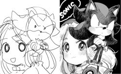 Rule 34 | 1boy, 1girl, :3, animal ears, animal nose, aoki (fumomo), blush, body fur, boots, closed mouth, copyright name, crossed arms, english text, full body, gloves, greyscale, hair intakes, hairband, long hair, looking at viewer, maria robotnik, monochrome, multiple views, neck fur, shadow the hedgehog, sidelocks, sketch, smile, sonic (series), sonic adventure 2, spiked hair, standing, tail