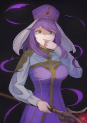 Rule 34 | 1girl, akacolor, black background, blue eyes, breasts, cowboy shot, dress, eremiya, evil smile, fire emblem, fire emblem: new mystery of the emblem, hand on own chin, hat, highres, holding, holding staff, large breasts, long hair, long sleeves, looking at viewer, nintendo, purple dress, purple hair, simple background, smile, solo, staff, white veil