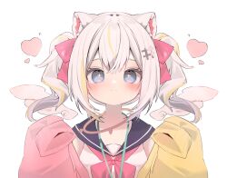 Rule 34 | + +, 1girl, absurdres, animal ear fluff, animal ears, black sailor collar, blonde hair, blue eyes, blush, bow, bowtie, brm 1925, cat ears, cat girl, closed mouth, commission, dot nose, hair between eyes, hair bow, heart, highres, jacket, looking at viewer, multicolored clothes, multicolored hair, multicolored jacket, off shoulder, original, pink bow, pink bowtie, pink jacket, sailor collar, shirt, sidelocks, simple background, skeb commission, sleeveless, sleeveless shirt, smile, solo, straight-on, streaked hair, twintails, two-tone jacket, upper body, white background, white hair, white shirt, yellow jacket