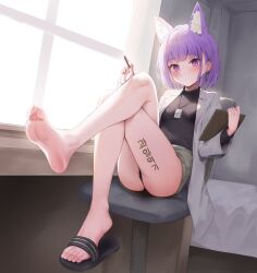 Rule 34 | 1girl, absurdres, animal ear fluff, animal ears, artist request, ass, bare legs, barefoot, black panties, black shirt, check artist, closed mouth, coat, commission, crossed legs, ear piercing, earrings, extra ears, feet, flip-flops, grey skirt, highres, holding, holding pen, hoop earrings, id card, jewelry, knees up, leg up, linji (hrodvitnir), long sleeves, looking at viewer, miniskirt, open clothes, open coat, original, panties, pen, pharamacom, piercing, pink eyes, purple hair, sandals, second-party source, shirt, short hair, sitting, skirt, soles, solo, thighs, toes, underwear, white coat, wing collar