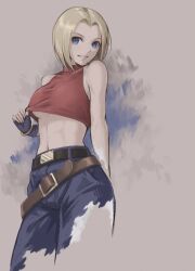 Rule 34 | 1girl, arm behind back, blonde hair, blue eyes, blue mary, breasts, clothes lift, fatal fury, fingerless gloves, gloves, highres, large breasts, looking at viewer, midriff, navel, pants, parted lips, short hair, smile, solo, teasing, the king of fighters, underboob