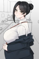 Rule 34 | 1girl, bijin onna joushi takizawa-san, black hair, bra visible through clothes, breasts, business suit, earrings, formal, from side, hair bun, jacket, jewelry, lanyard, large breasts, mature female, mole, mole under mouth, nago purin, office lady, pencil skirt, sideboob, single hair bun, skirt, skirt suit, solo, suit, takizawa kyouko