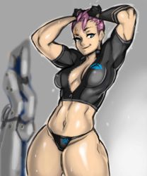 Rule 34 | 1girl, absurdres, black panties, blue eyes, breasts, cleavage, covered erect nipples, crop top, directed-energy weapon, energy cannon, energy gun, energy weapon, hands in hair, highres, huge gun, huge weapon, magnetic weapon, medium breasts, no bra, overwatch, overwatch 1, panties, particle-beam weapon, particle projector cannon, pink hair, planted, scar, scar across eye, scar on face, short hair, smile, solo, tattoo, thick thighs, thighs, toned, underwear, unzipped, very short hair, weapon, zarya (overwatch), ziromaru