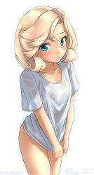 Rule 34 | 1girl, alternate costume, blonde hair, blue eyes, clothes pull, cowboy shot, janus (kancolle), kantai collection, looking at viewer, one-hour drawing challenge, parted bangs, ray.s, see-through, see-through shirt, shirt, shirt pull, short hair, simple background, solo, t-shirt, wet, wet clothes, wet shirt, white background, white shirt