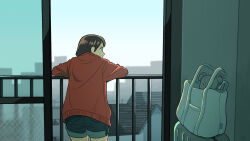 Rule 34 | 1girl, arm rest, bag, balcony, blue shorts, brown hair, city, cityscape, commentary request, denim, denim shorts, from behind, highres, indoors, jacket, kojiro337, looking afar, original, railing, red jacket, scenery, short hair, shorts, solo, standing, stuffed animal, stuffed toy, suitcase, teddy bear, window