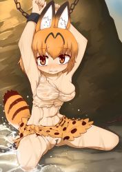 Rule 34 | 1girl, 7liquid, adapted costume, animal ears, animal print, armpits, bar censor, bare shoulders, bdsm, censored, chain, hair between eyes, highres, kemono friends, orange eyes, orange hair, pussy, serval (kemono friends), serval print, serval tail, short hair, sitting, solo, tail, tears, torn clothes, wet, wet clothes