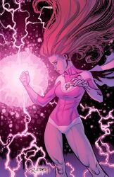 Rule 34 | 1girl, atom eve, breasts, cape, clenched hand, commentary, contrapposto, covered abs, earrings, electricity, energy, english commentary, heattech leotard, highres, invincible (series), jewelry, leotard, long hair, medium breasts, pink leotard, profile, red hair, ryan ottley, samantha eve wilkins, signature, solo, turtleneck