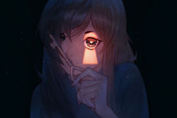 Rule 34 | 1girl, artist name, blurry, darkness, depth of field, fingernails, heart, heart-shaped pupils, holding, key, light particles, long hair, looking at viewer, nana nakano, shade, signature, smile, solo, swept bangs, symbol-shaped pupils, upper body