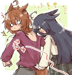 Rule 34 | 2girls, ^^^, agnes tachyon (umamusume), ahoge, animal ears, black hair, blunt ends, blush, brown hair, casual, clothes tug, commentary request, earrings, furrowed brow, goosebumps, green background, green skirt, hair between eyes, horse ears, horse girl, jaggy lines, jewelry, kagosumi, long bangs, long sleeves, manhattan cafe (umamusume), medium request, messy hair, multicolored hair, multiple girls, o o, official alternate costume, pendant, plaid, plaid skirt, puckered lips, purple shirt, shirt, single earring, skirt, sound effects, sweatdrop, tail, tail under clothes, translated, turning head, two-tone hair, umamusume, white hair, yellow eyes, yellow shirt