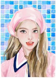Rule 34 | 1girl, bandana, blonde hair, commentary, eyelashes, freckles, gold choker, highres, jacket, k-pop, light blush, light smile, lips, long hair, looking to the side, ma xiao ya, nayeon (twice), open mouth, pink bandana, pink jacket, portrait, real life, realistic, solo, symbol-only commentary, teeth, tile wall, tiles, tongue, tongue out, twice (group)