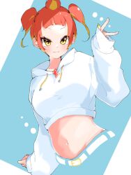 Rule 34 | 1girl, alternate hair length, alternate hairstyle, arm up, belt, belt buckle, blue background, buckle, commentary, cropped hoodie, cropped torso, drawstring, fiery hair, hand up, highres, hikasa tomoshika, hood, hood down, hoodie, long sleeves, midriff, multicolored hair, navel, sleeves past wrists, smile, solo, susimesi sumesi, tsurime, two-tone hair, two side up, virtual youtuber, voms, white belt, white hoodie, yellow eyes, yellow nails