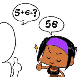 Rule 34 | 1girl, 1other, arung samudra (cessa), black hair, breasts, cessa, cleavage, commentary, english commentary, closed eyes, failure, headband, lowres, math, ombok diving and delivery services, purple headband, shadow, smile, speech bubble, thumbs up