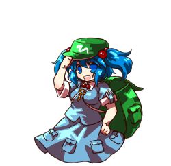 Rule 34 | 1girl, :d, backpack, bag, between breasts, blouse, blue eyes, blue hair, blush, breasts, hair bobbles, hair ornament, hat, hat tip, kawashiro nitori, key, matching hair/eyes, open mouth, round teeth, shirt, skirt, skirt set, smile, socha, solo, strap between breasts, teeth, touhou, transparent background, two side up