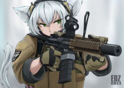 Rule 34 | 1girl, aiming, angled foregrip, animal ears, ar-15, artist name, assault rifle, cat ears, cat tail, colored eyelashes, commentary, crossed bangs, dated, dated commentary, edzactly, english commentary, gloves, green eyes, gun, headset, holding, holding gun, holding weapon, load bearing vest, magazine (weapon), optical sight, original, patch, radio, reflex sight, rifle, short hair, shoulder patch, sidelocks, signature, slit pupils, magazine (weapon), suppressor, tactical clothes, tail, tammy (edz), uniform, upper body, weapon, white hair
