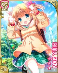 Rule 34 | 1girl, argyle, argyle clothes, argyle legwear, blue eyes, bow, bowtie, brown hair, card (medium), coat, day, girlfriend (kari), hair bow, looking at viewer, mary janes, mittens, official art, open mouth, outdoors, plaid, plaid skirt, qp:flapper, ribbon, school uniform, shoes, skipping, skirt, smile, solo, tagme, thighhighs, two side up, white thighhighs, winter clothes, winter coat, yuuki nae
