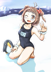 Rule 34 | 10s, 1girl, breasts, brown hair, commentary request, double bun, failure penguin, kantai collection, kou1, naka (kancolle), one-piece swimsuit, one eye closed, open mouth, school swimsuit, short hair, smile, swimsuit