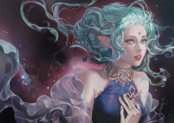 Rule 34 | 1girl, artist name, bare shoulders, blue earrings, blue gemstone, blue hair, claparo, commentary, commission, elf, english commentary, forehead jewel, gem, hand on own chest, jewelry, long hair, looking at viewer, original, parted lips, pointy ears, ring, sideways glance, sleeveless, solo, upper body, white eyes