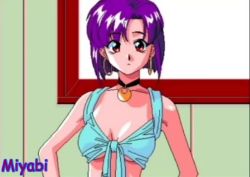 Rule 34 | 1girl, animahjong, animahjong x, animated, ass, breasts, choker, cleavage, denim, denim shorts, earrings, front-tie top, jewelry, looking at viewer, miyabi (animahjong), miyabi (animahjong x), video, nakajima atsuko, navel, purple hair, short hair, shorts, sogna, sound, tagme, thong, undressing